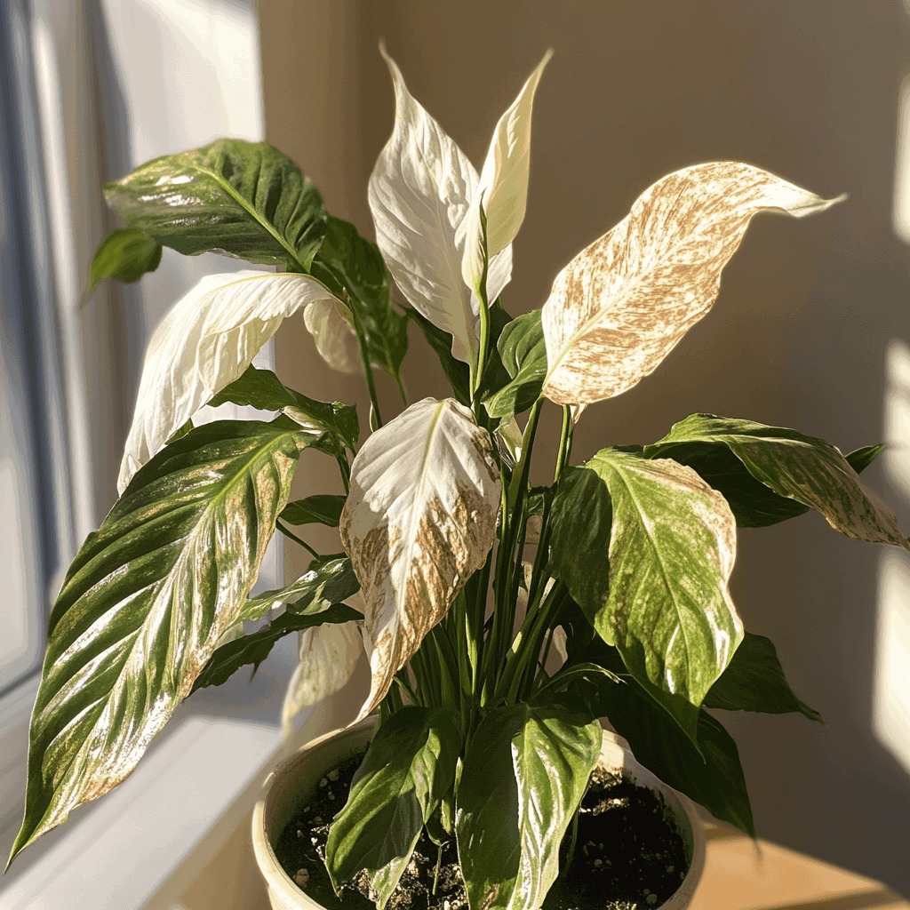 Peace lily plant with sunburned leaves showing brown and crispy edges, drooping white flowers, and visible damage from excessive sunlight.