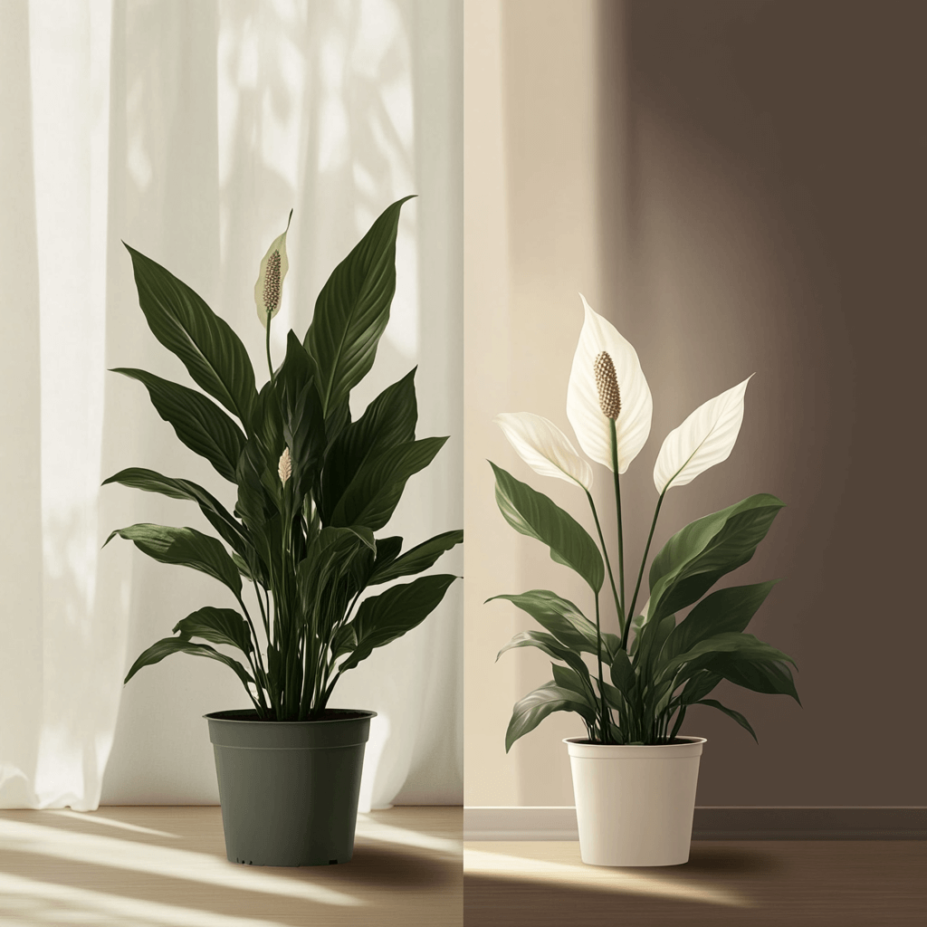 Two peace lily plants placed side by side in contrasting lighting conditions; one in a darker pot receiving indirect light and another in a brighter pot basking in well-lit surroundings