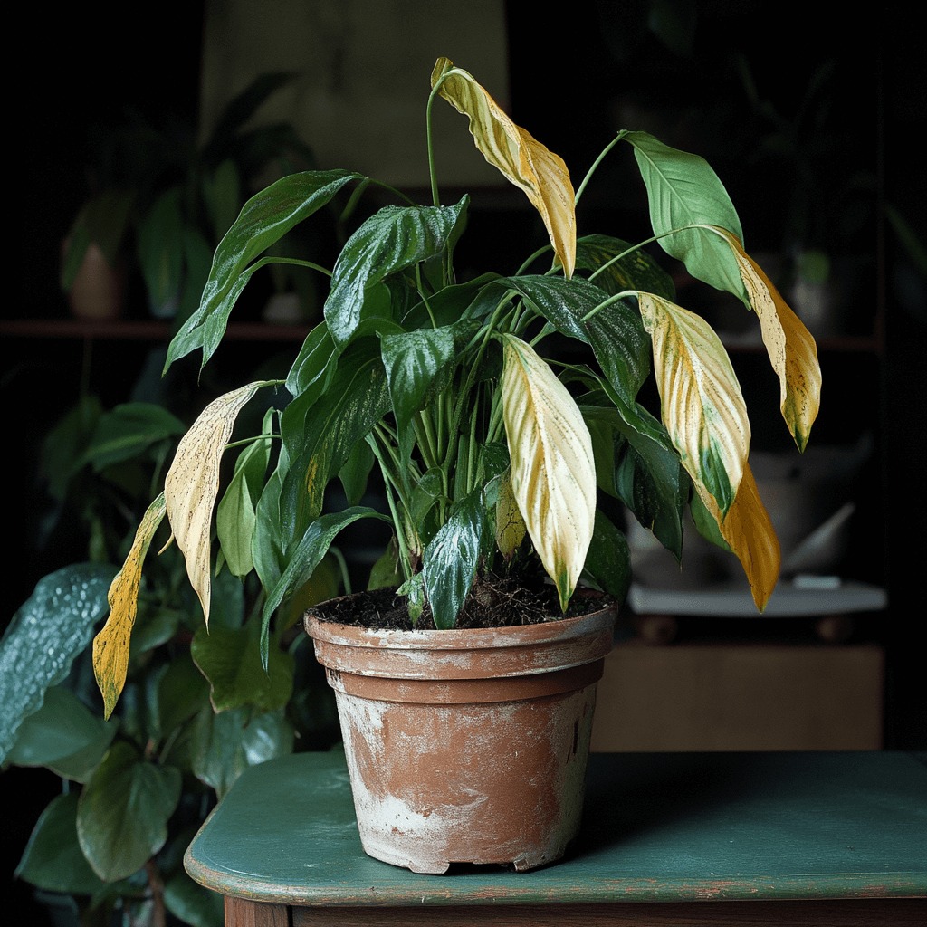 Peace Lily plant with wilted, yellowing leaves and root rot, caused by overwatering, in an indoor setting.