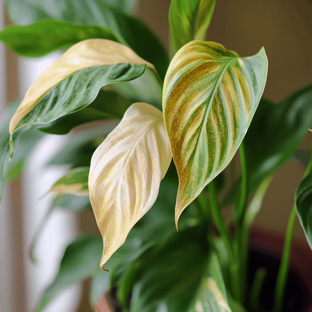 An informative image showing the symptoms of dehydration in Peace Lilies (drooping leaves, brown leaf tips, and dry soil), along with guidelines for proper watering, including checking moisture levels, watering thoroughly, and allowing the soil to dry slightly between waterings.