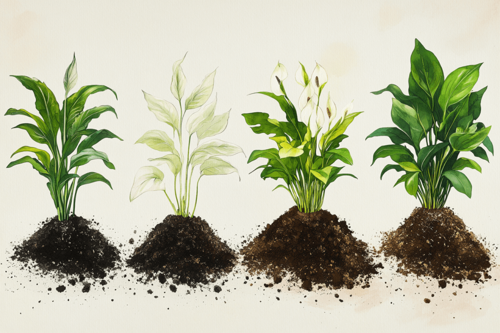 A comparison of four soil types for Spathiphyllum: sandy, clay, loamy, and peat moss, with a healthy Spathiphyllum plant growing in loamy soil.