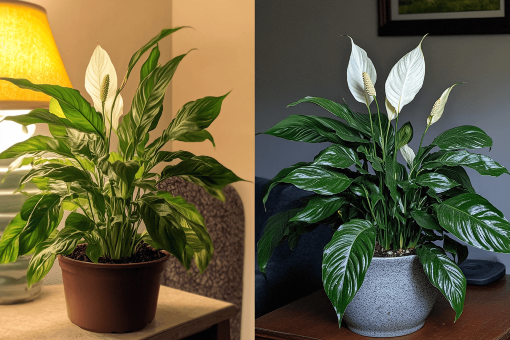 Side-by-side comparison of two peace lily plants: one healthy with glossy green leaves and vibrant blooms in a gray pot, and another less vibrant with slightly dull leaves in a brown pot.