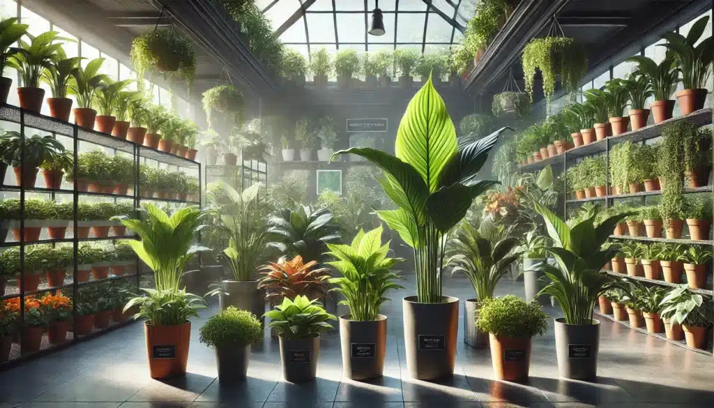 A realistic, wide image of large peace lily plants in stylish pots displayed in a well-lit indoor nursery, surrounded by rows of additional greenery and sunlight streaming through large windows.