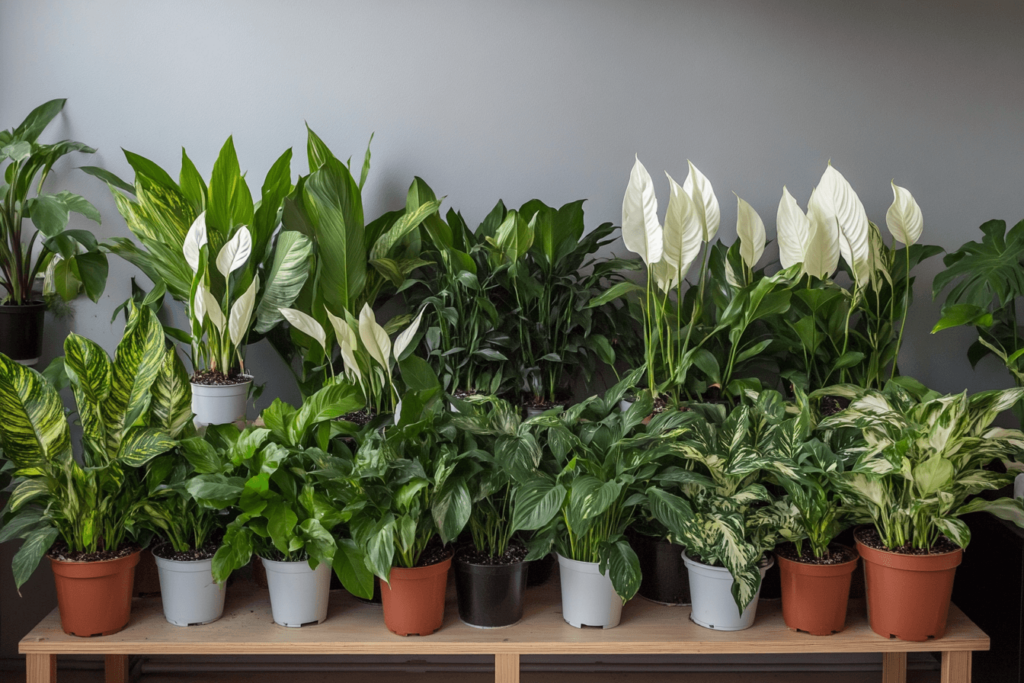 A collection of Peace Lilies and other houseplants displayed on a wooden table in pots of various colors, showcasing their diverse foliage patterns, including variegated and non-variegated varieties.