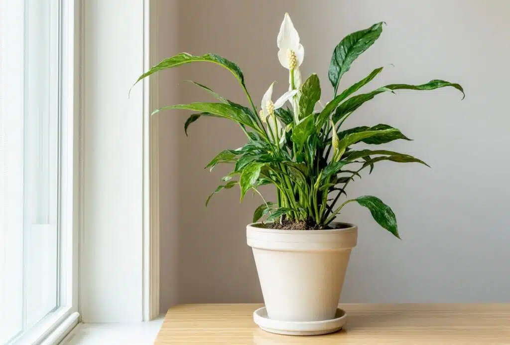 A large peace lily plant in a beige ceramic pot placed on a wooden surface near a bright window, showcasing its vibrant green leaves and elegant white blooms.