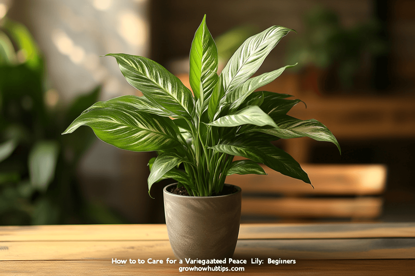 A realistic photo of a Variegated Peace Lily (Spathiphyllum 'Domino') in a stylish indoor setting, showcasing its lush green and white-streaked foliage in a modern pot on a wooden surface with soft natural lighting.