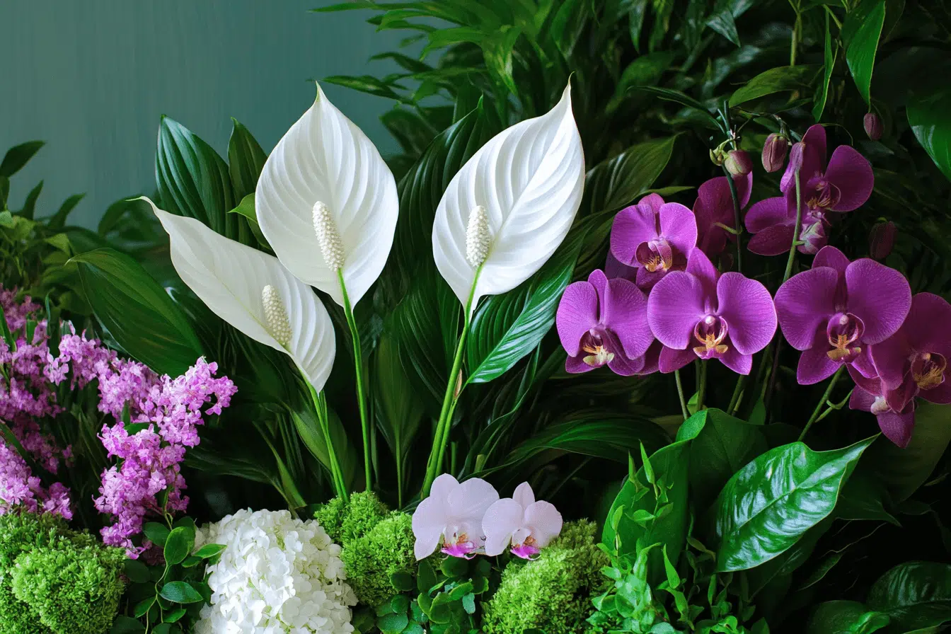 A peace lily with white spathes and lush green leaves placed next to a vibrant orchid with intricate purple blooms, in a serene indoor setting.