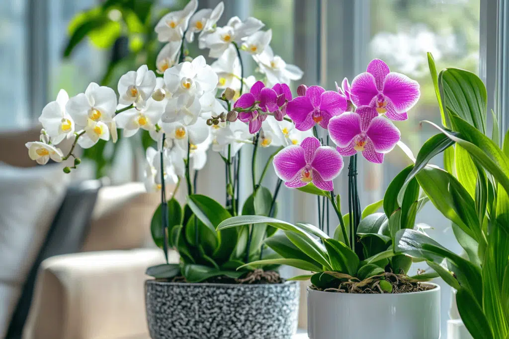 Close-up comparison of a peace lily and an orchid highlighting their distinct physical features, including flowers, leaves, and overall structure.