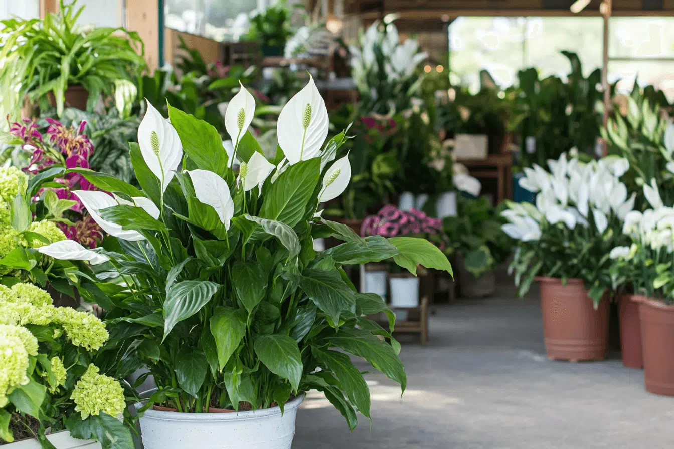 A display of various peace lilies in a garden center, showcasing their vibrant white spathes and lush green leaves in decorative pots.