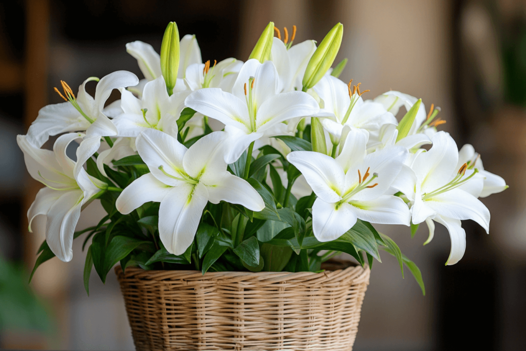 A bouquet of white lilies in a woven basket.