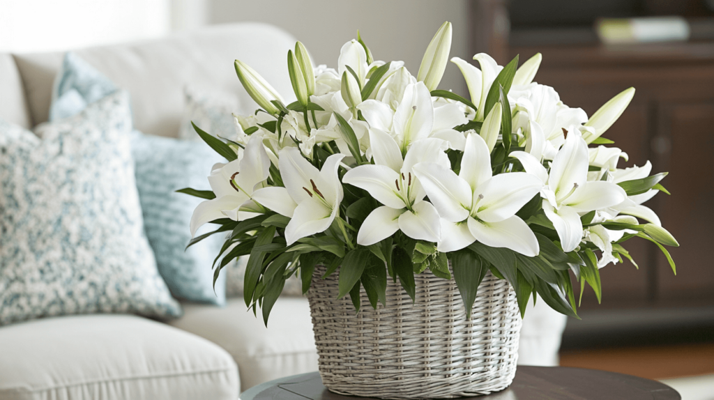 A lush arrangement of white lilies in a woven basket, placed on a table in a cozy living room.